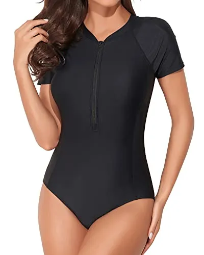 Upf 50  Bathing Suit Surfing Swimwear Short Sleeve Rash Guard For Women-Black