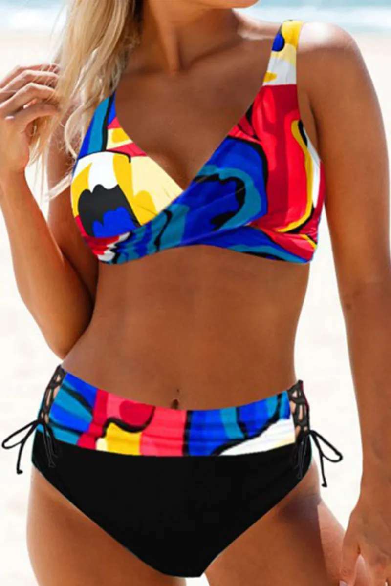 Vacation Print Split Joint Draw String Backless Swimwears(15 Colors)