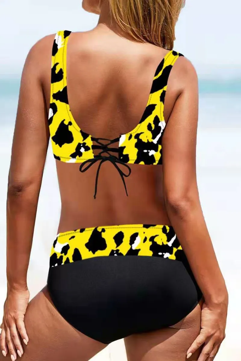 Vacation Print Split Joint Draw String Backless Swimwears(15 Colors)