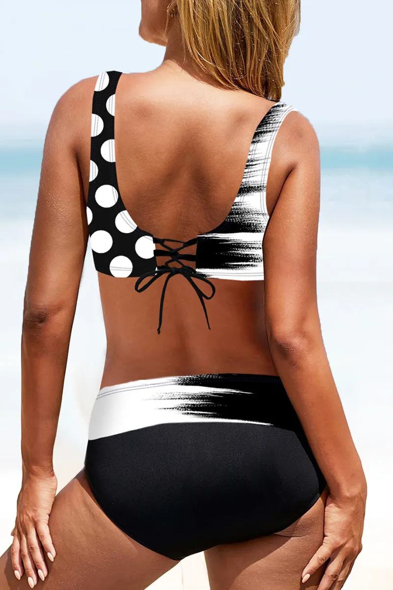 Vacation Print Split Joint Draw String Backless Swimwears(15 Colors)