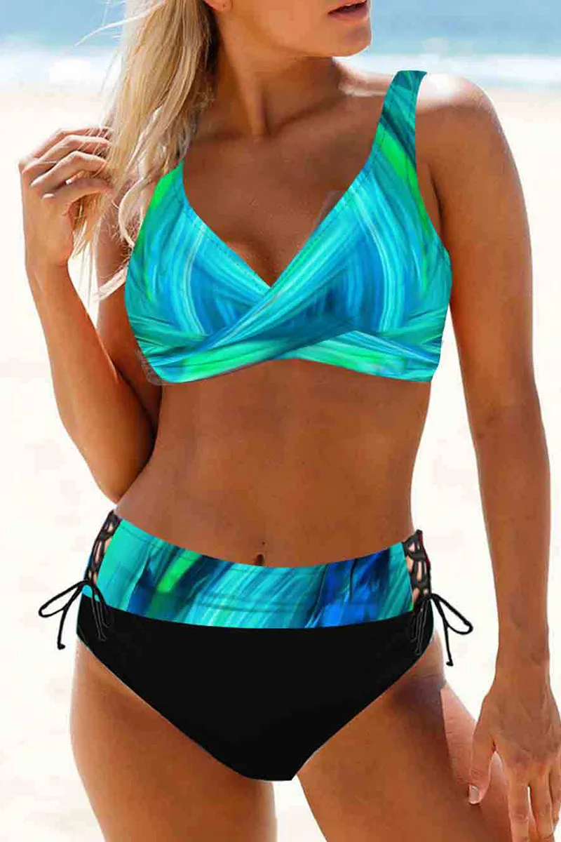 Vacation Print Split Joint Draw String Backless Swimwears(15 Colors)