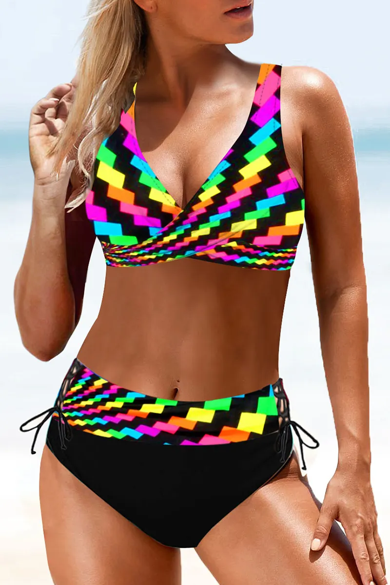 Vacation Print Split Joint Draw String Backless Swimwears(15 Colors)