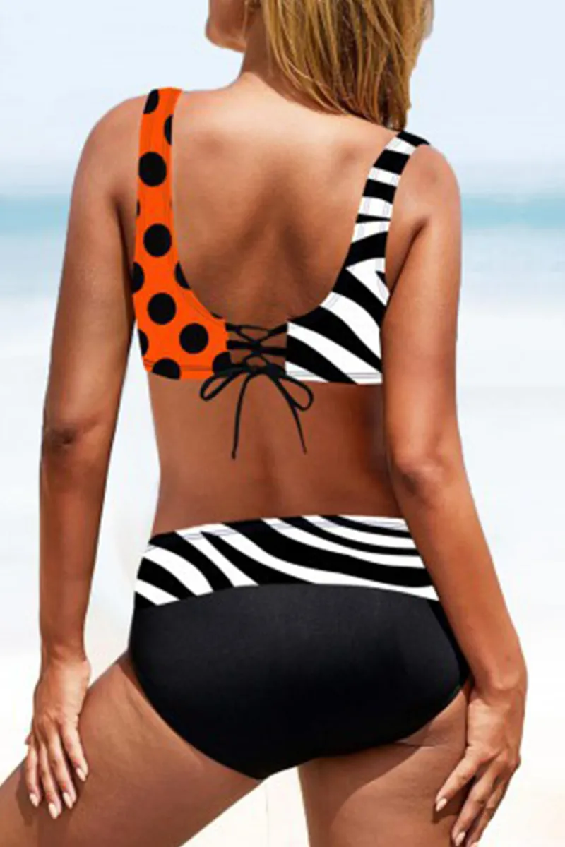Vacation Print Split Joint Draw String Backless Swimwears(15 Colors)