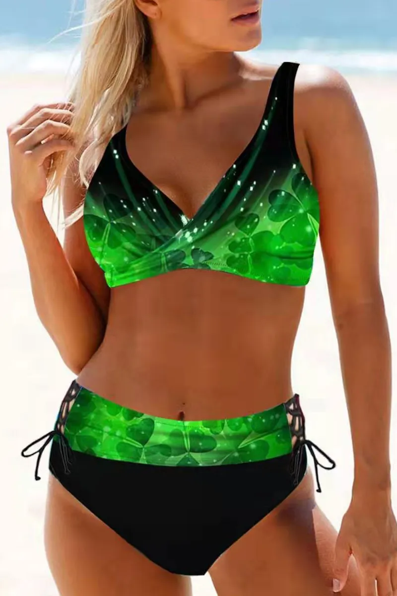 Vacation Print Split Joint Draw String Backless Swimwears(15 Colors)