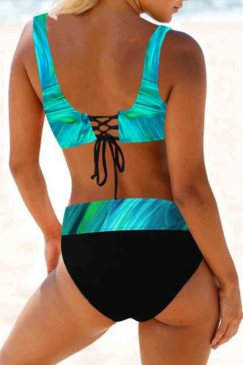 Vacation Print Split Joint Draw String Backless Swimwears(15 Colors)