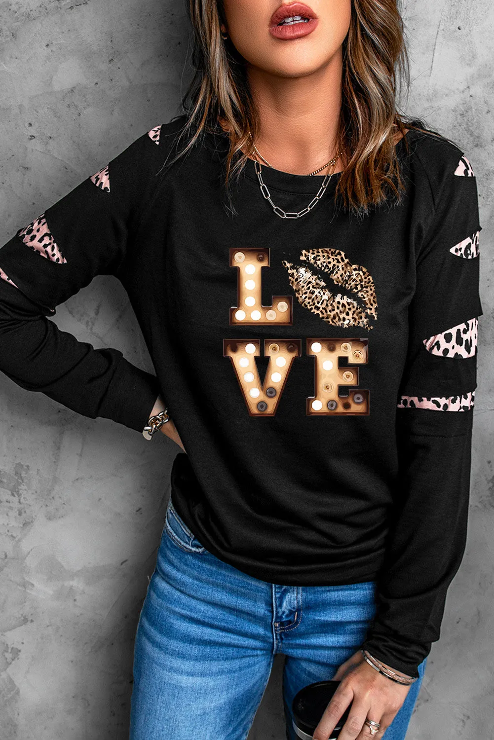 Valentine LOVE Leopard Print Cut-out Long Sleeve Sweatshirt