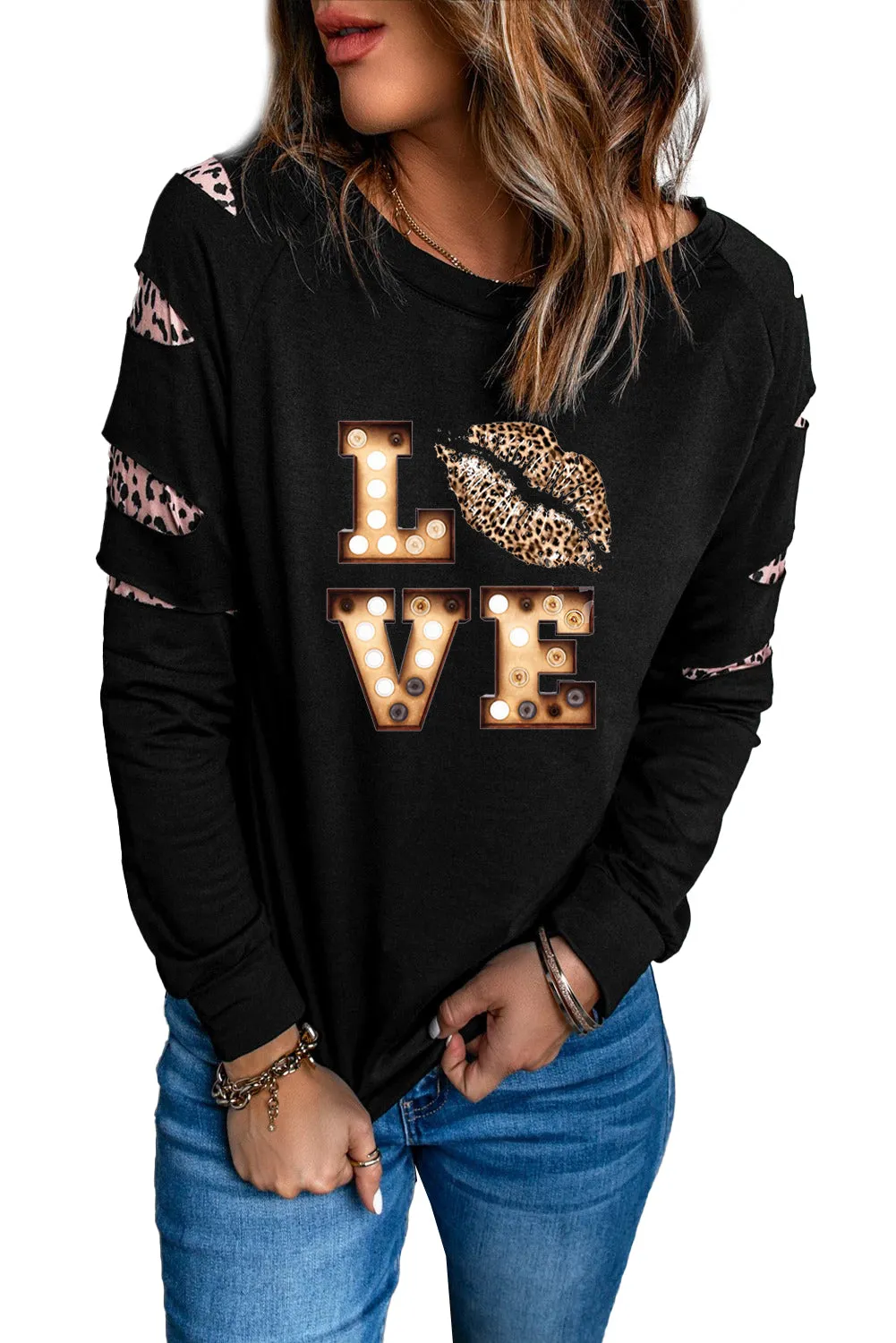 Valentine LOVE Leopard Print Cut-out Long Sleeve Sweatshirt