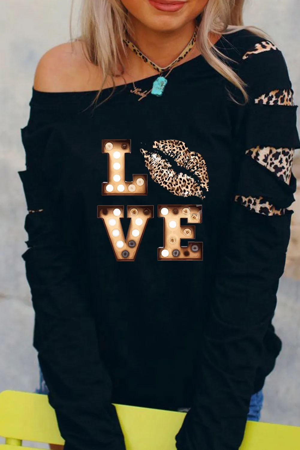 Valentine LOVE Leopard Print Cut-out Long Sleeve Sweatshirt