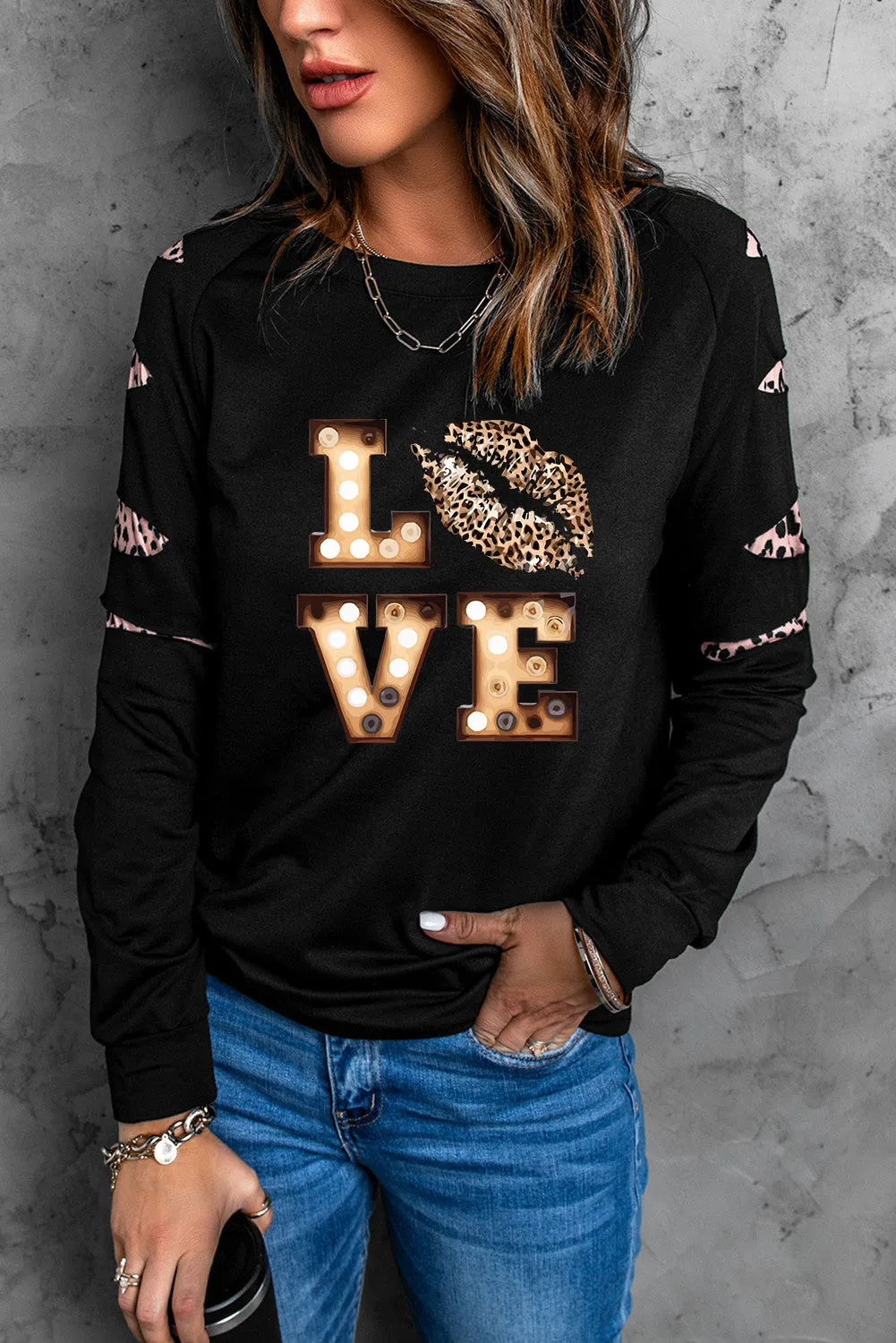 Valentine LOVE Leopard Print Cut-out Long Sleeve Sweatshirt
