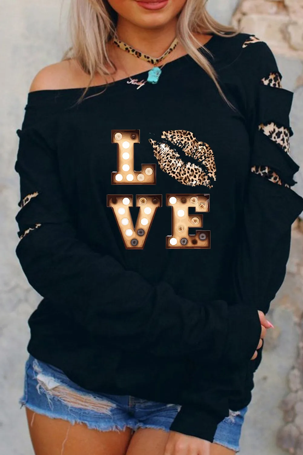 Valentine LOVE Leopard Print Cut-out Long Sleeve Sweatshirt