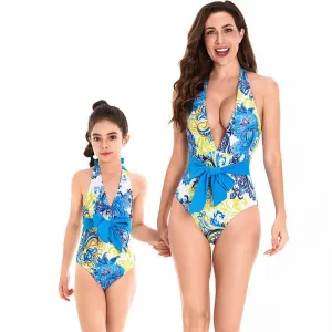 Vibrant Halter Neck One-Piece Swimsuit with Waist Tie Detail - Mother & Daughter Matching Swimwear in Exquisite Baroque Print