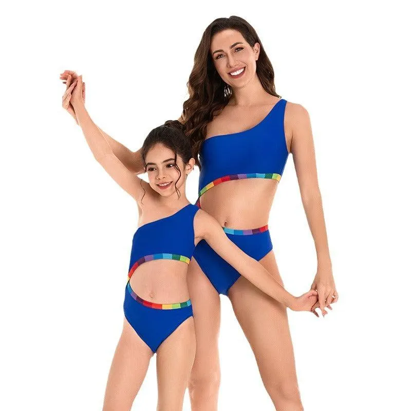 Vibrant One-Shoulder Rainbow Trim Swimsuit Set - Chic Monochrome Blue with Colorful Accents for Mother & Daughter