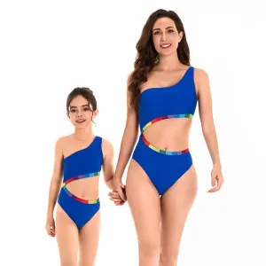 Vibrant One-Shoulder Rainbow Trim Swimsuit Set - Chic Monochrome Blue with Colorful Accents for Mother & Daughter