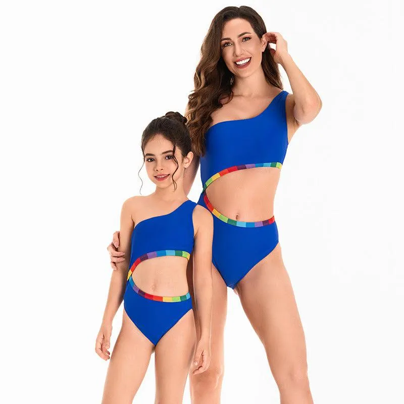 Vibrant One-Shoulder Rainbow Trim Swimsuit Set - Chic Monochrome Blue with Colorful Accents for Mother & Daughter