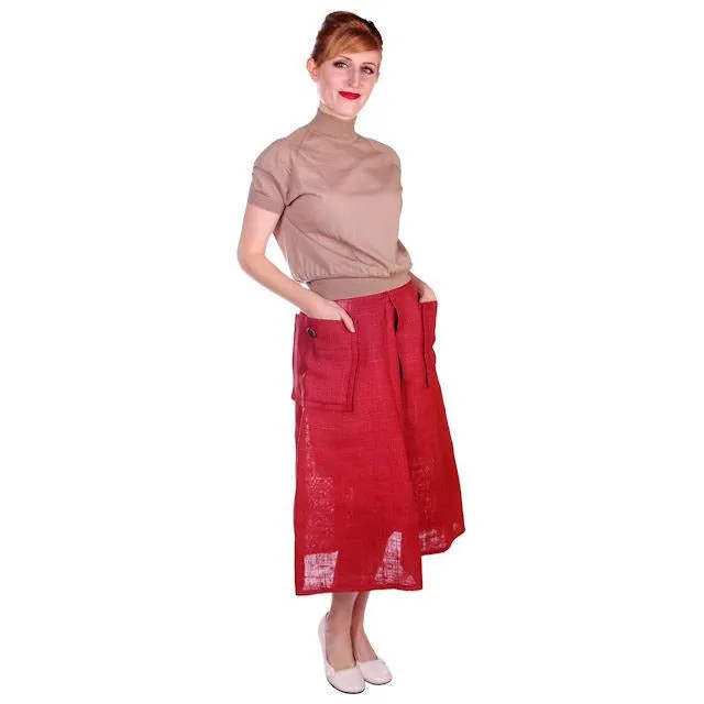 Vintage Gino Paoli Tan Wool Sweater Short Sleeves Wide Waist Band 1940s Italy M