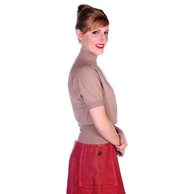 Vintage Gino Paoli Tan Wool Sweater Short Sleeves Wide Waist Band 1940s Italy M