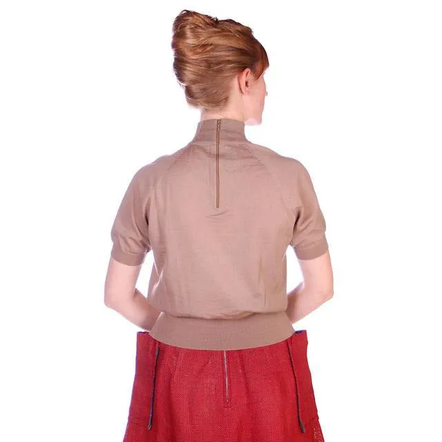 Vintage Gino Paoli Tan Wool Sweater Short Sleeves Wide Waist Band 1940s Italy M