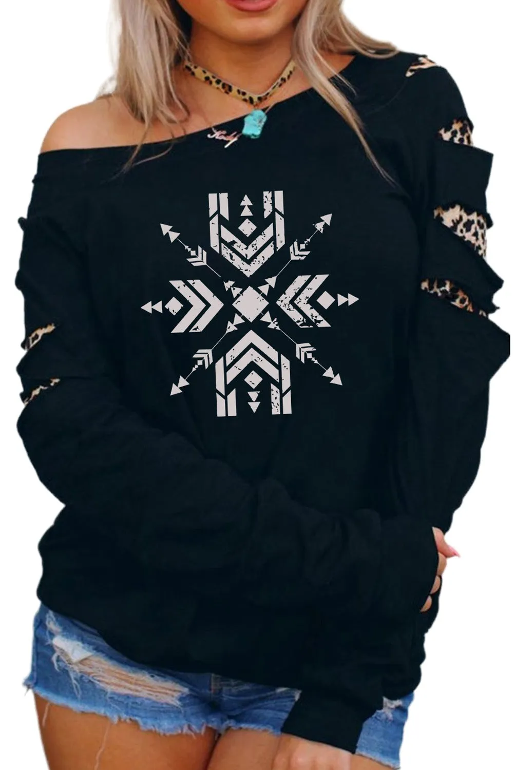 Western Graphic Print Leopard Cut-out Long Sleeve Sweatshirt