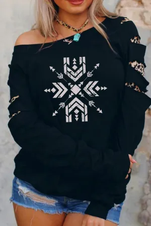 Western Graphic Print Leopard Cut-out Long Sleeve Sweatshirt