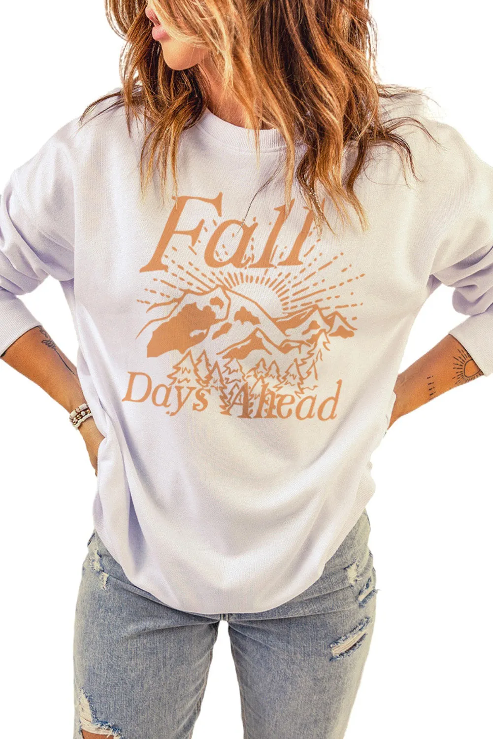 White Fall Days Ahead Graphic Print Pullover Sweatshirt