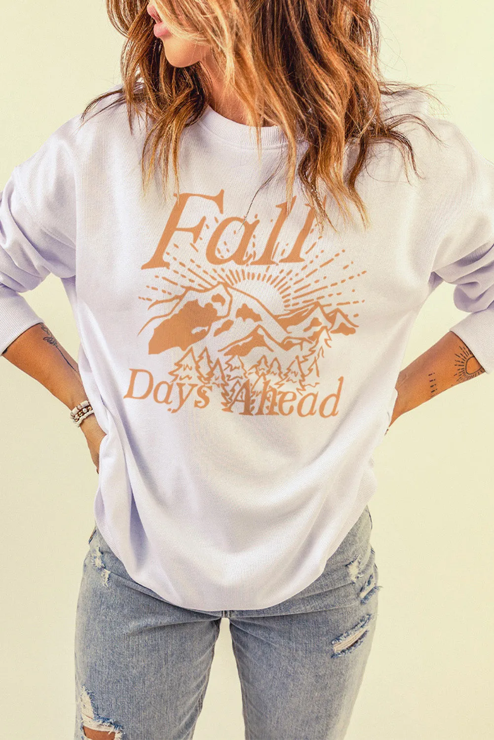 White Fall Days Ahead Graphic Print Pullover Sweatshirt