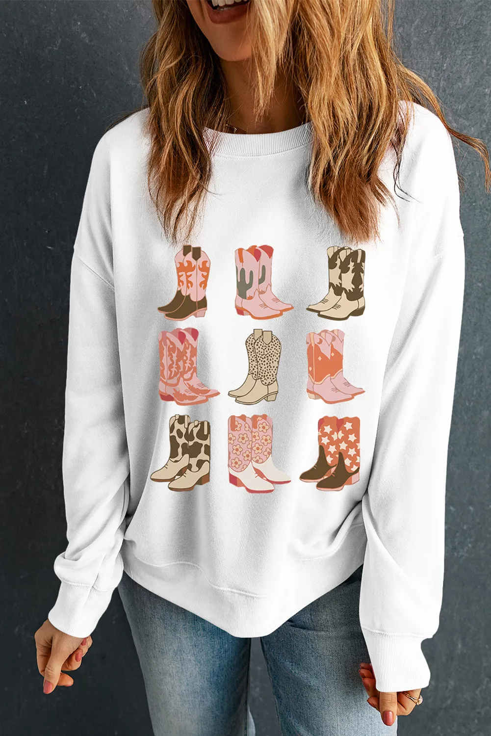 White Western Cowgirl Boots Graphic Pullover Sweatshirt