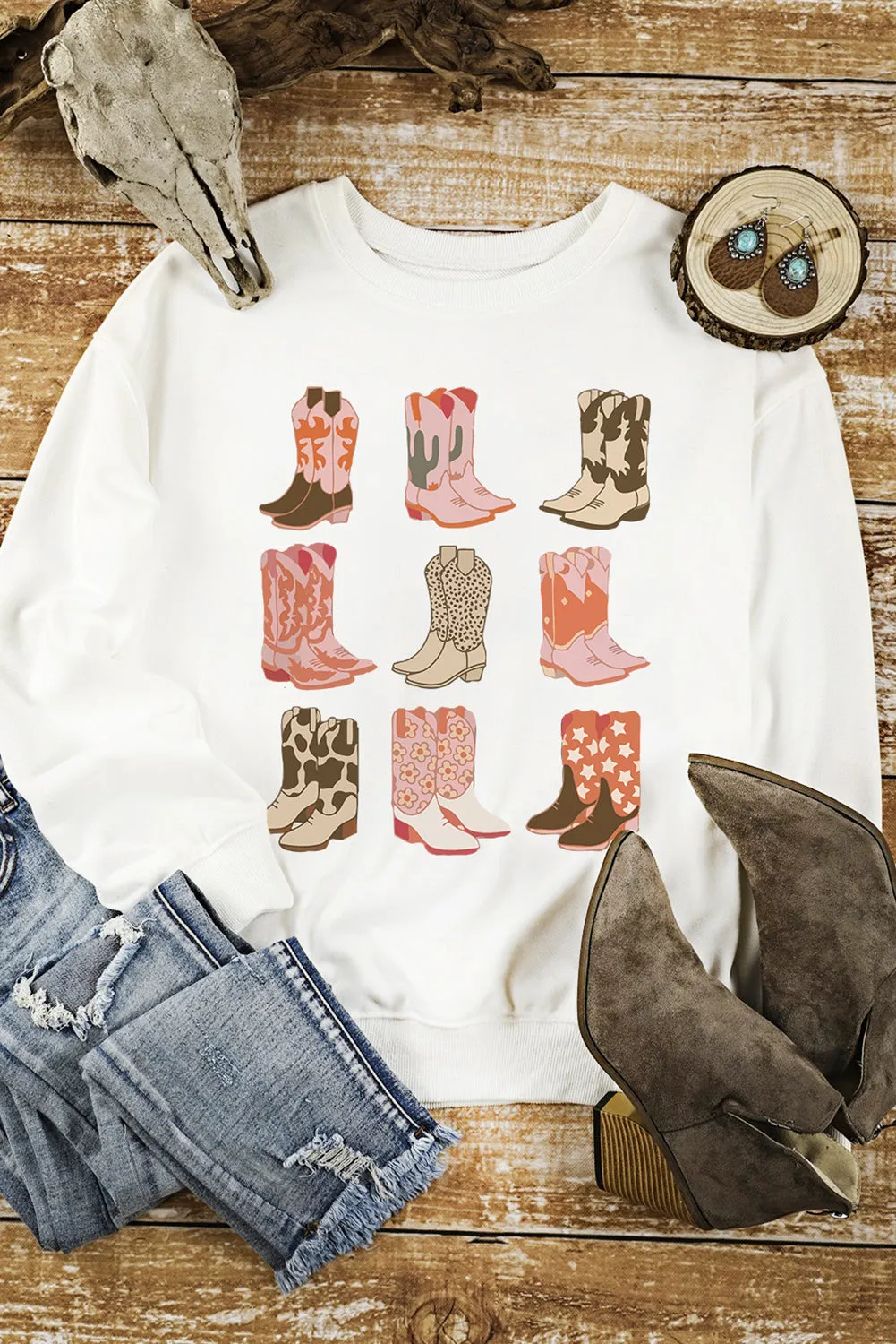 White Western Cowgirl Boots Graphic Pullover Sweatshirt