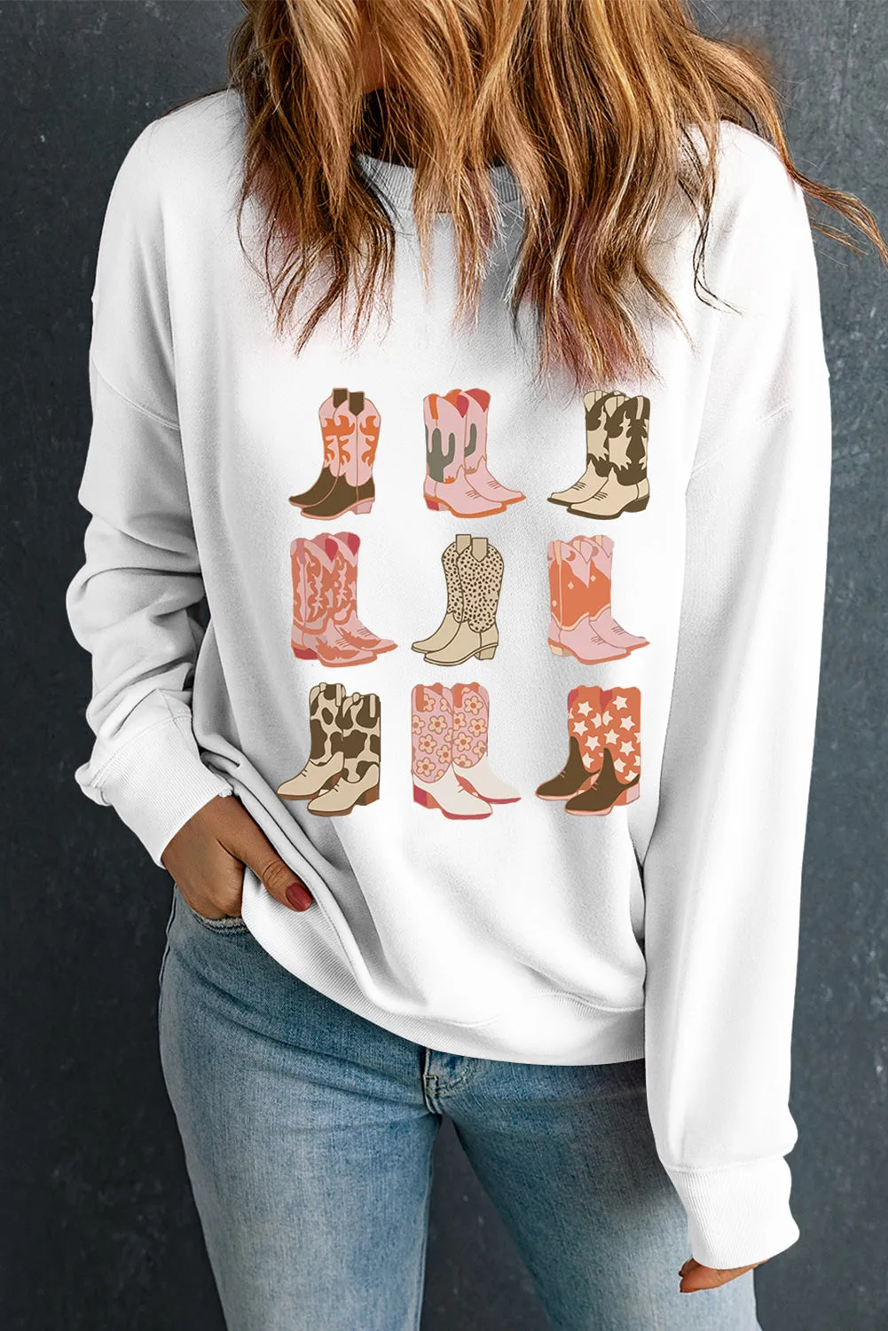 White Western Cowgirl Boots Graphic Pullover Sweatshirt