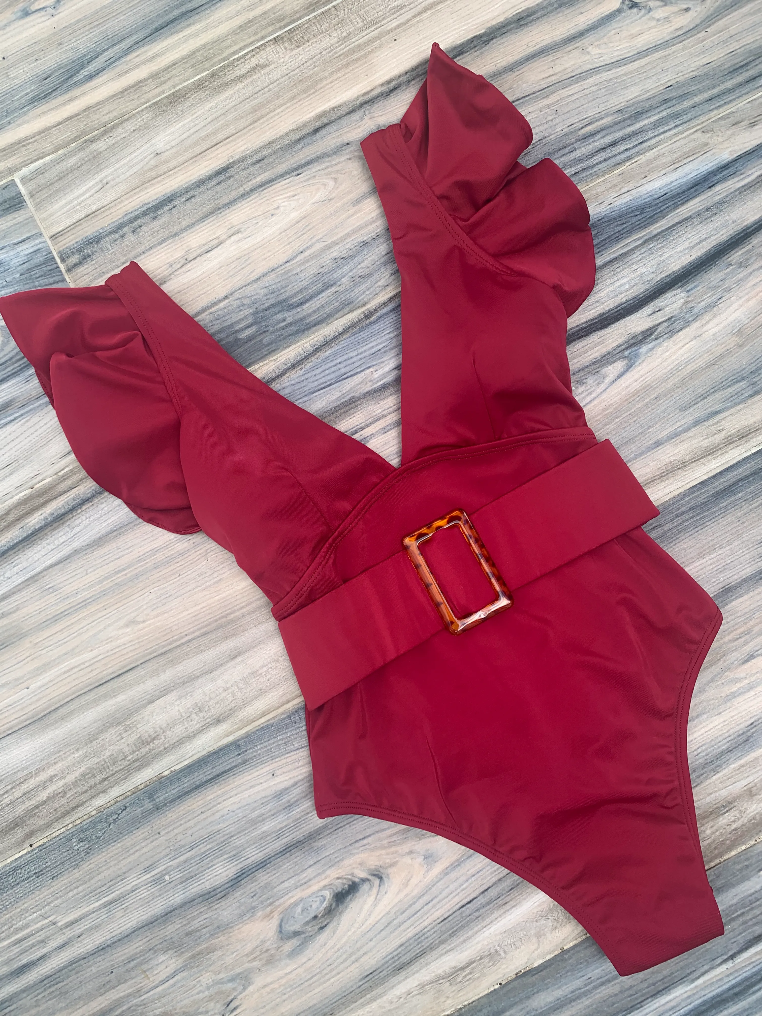 WINE Ruffles One Piece Swimsuit