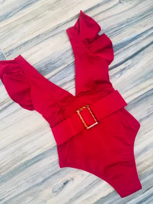 WINE Ruffles One Piece Swimsuit