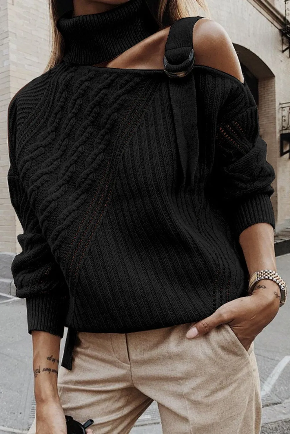 Winter Black Strapped Cut out Shoulder Turtleneck Sweater