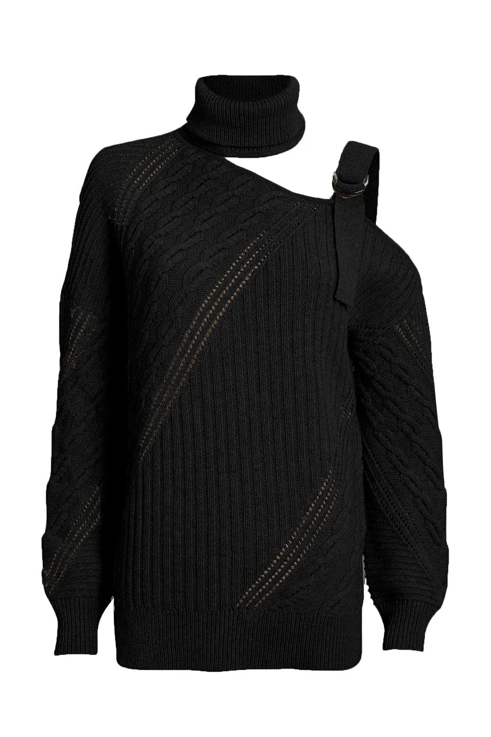 Winter Black Strapped Cut out Shoulder Turtleneck Sweater