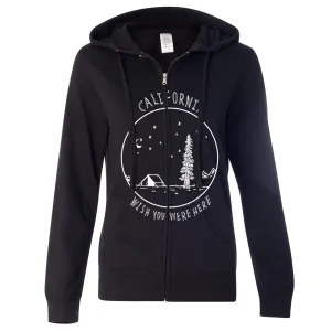 Wish You Were Here White Print Ladies Lightweight Fitted Zip-Up Hoodie