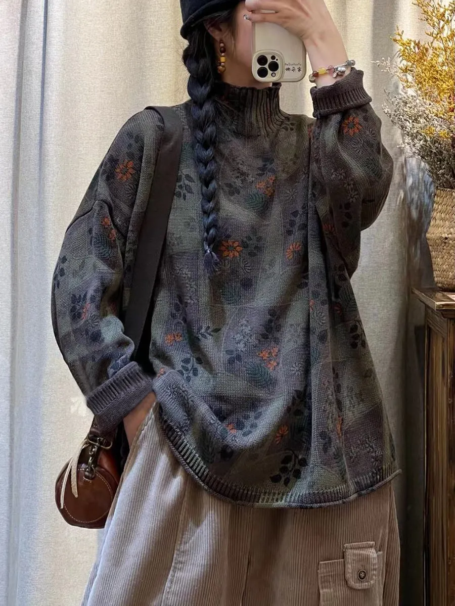 Women Vintage Flower Knitted Turtleneck Sweater