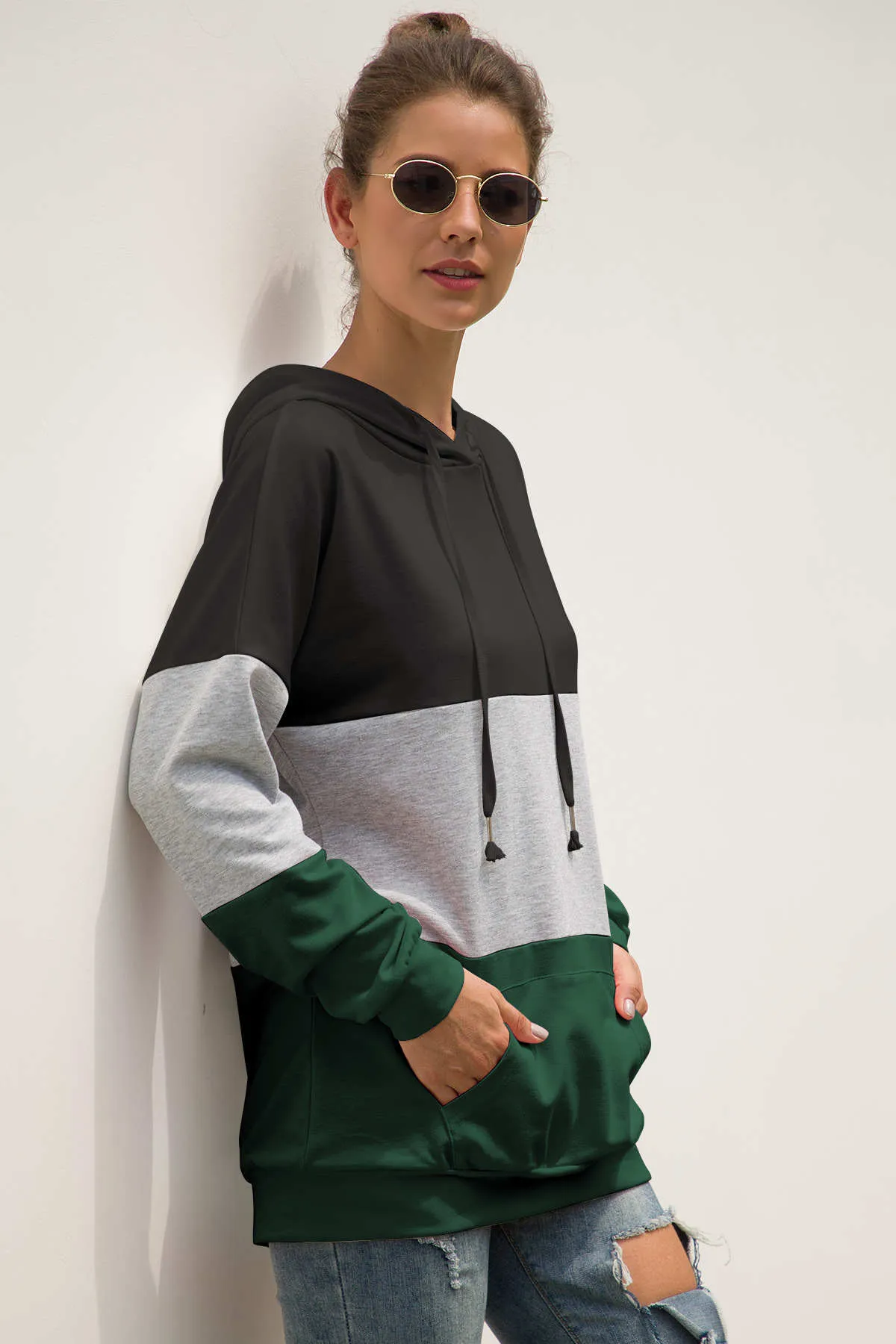 Women's Autumn New Three-color Stitching Hooded Drawstring Sweater Coat