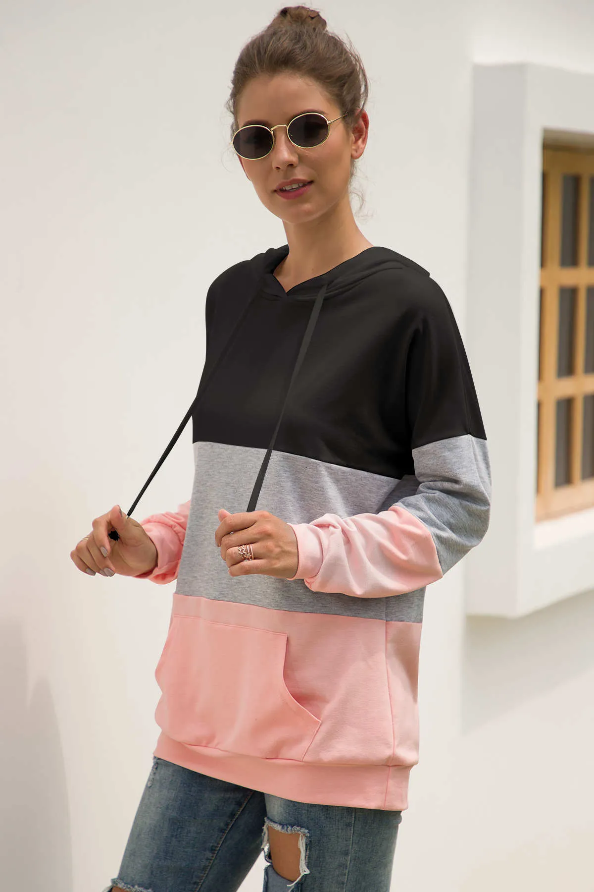 Women's Autumn New Three-color Stitching Hooded Drawstring Sweater Coat