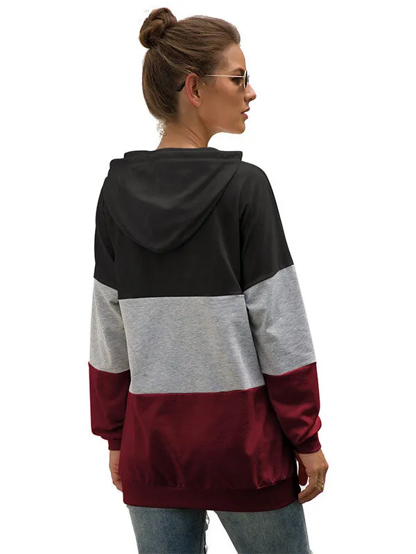 Women's Autumn New Three-color Stitching Hooded Drawstring Sweater Coat