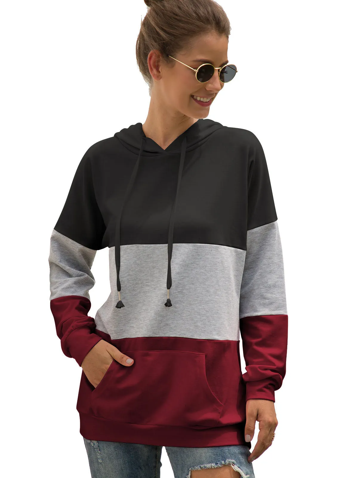 Women's Autumn New Three-color Stitching Hooded Drawstring Sweater Coat