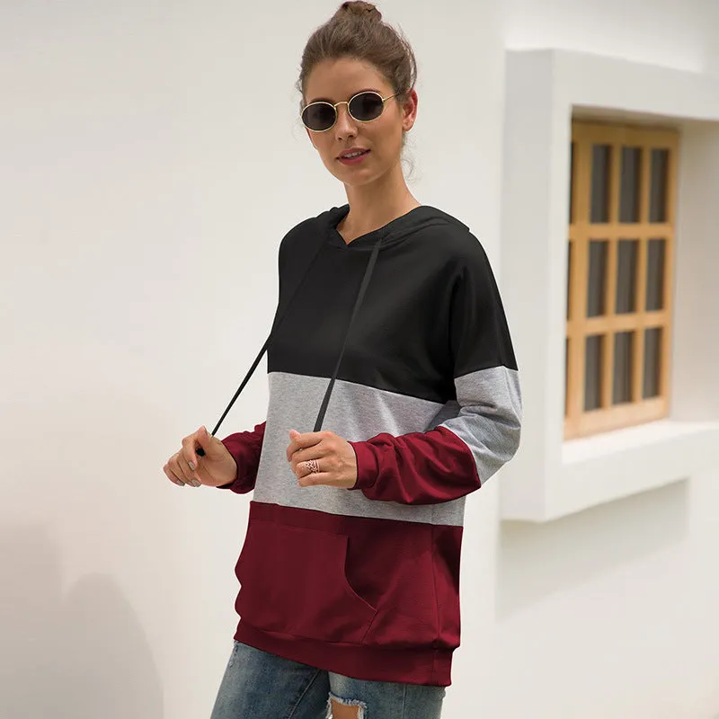 Women's Autumn New Three-color Stitching Hooded Drawstring Sweater Coat