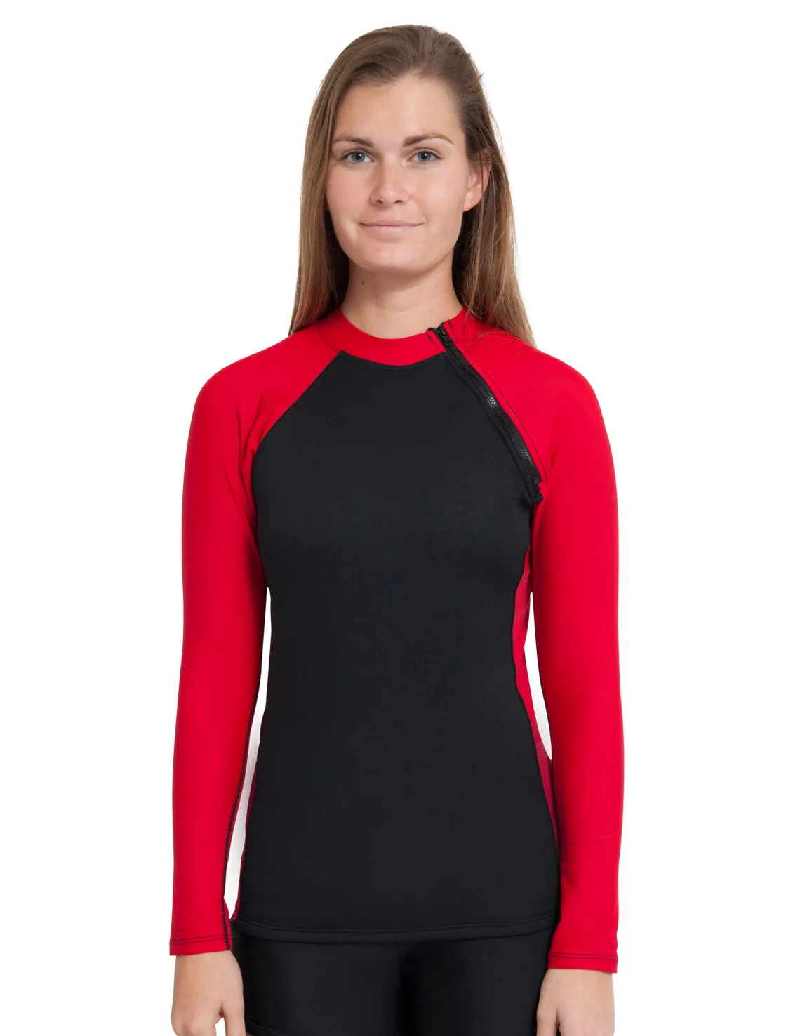 Women's  Hybrid Thermal Zip Rash Guard - Black / Red