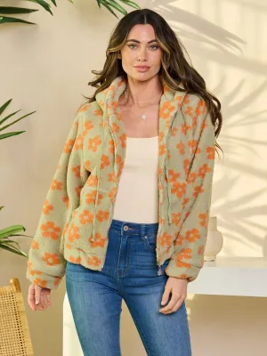 WOMEN'S LONG SLEEVE ZIP UP HOODED FLORAL JACKET