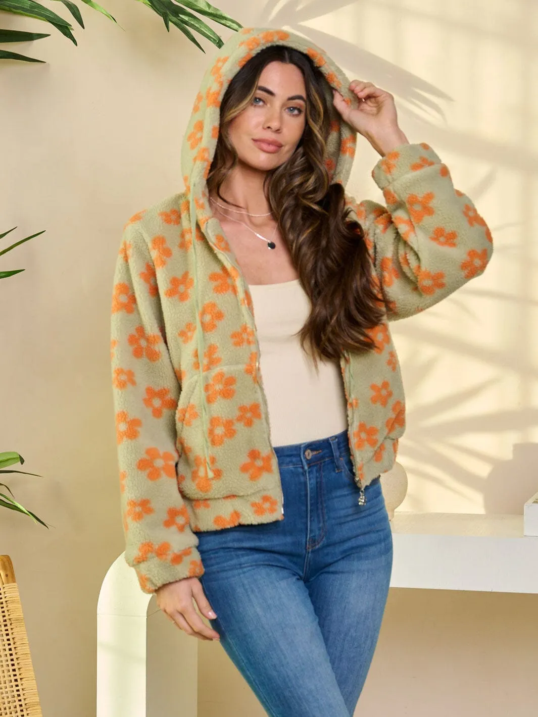 WOMEN'S LONG SLEEVE ZIP UP HOODED FLORAL JACKET