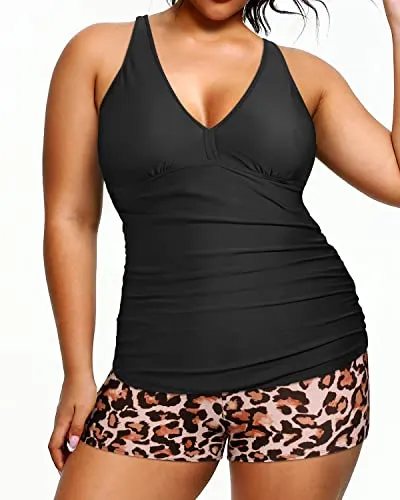 Women's Plus Size Athletic Swimwear Shorts 2 Piece Bathing Suit-Black And Leopard