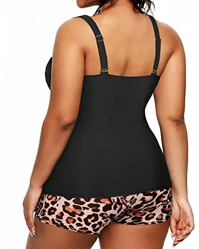 Women's Plus Size Athletic Swimwear Shorts 2 Piece Bathing Suit-Black And Leopard