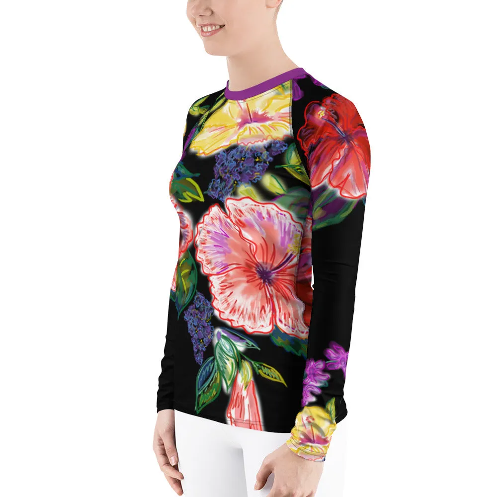 Women's Rash Guard: Tropical Flowers, Orchids & Hibiscus in Black