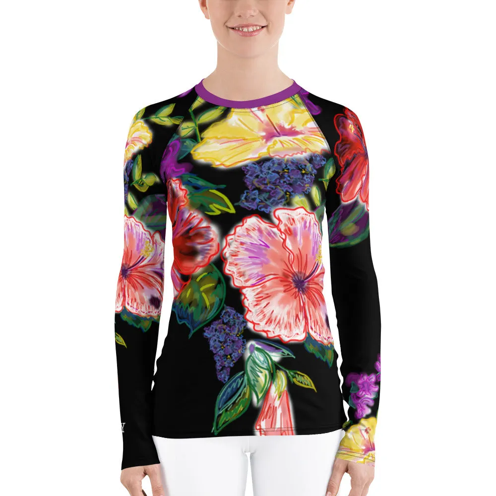 Women's Rash Guard: Tropical Flowers, Orchids & Hibiscus in Black