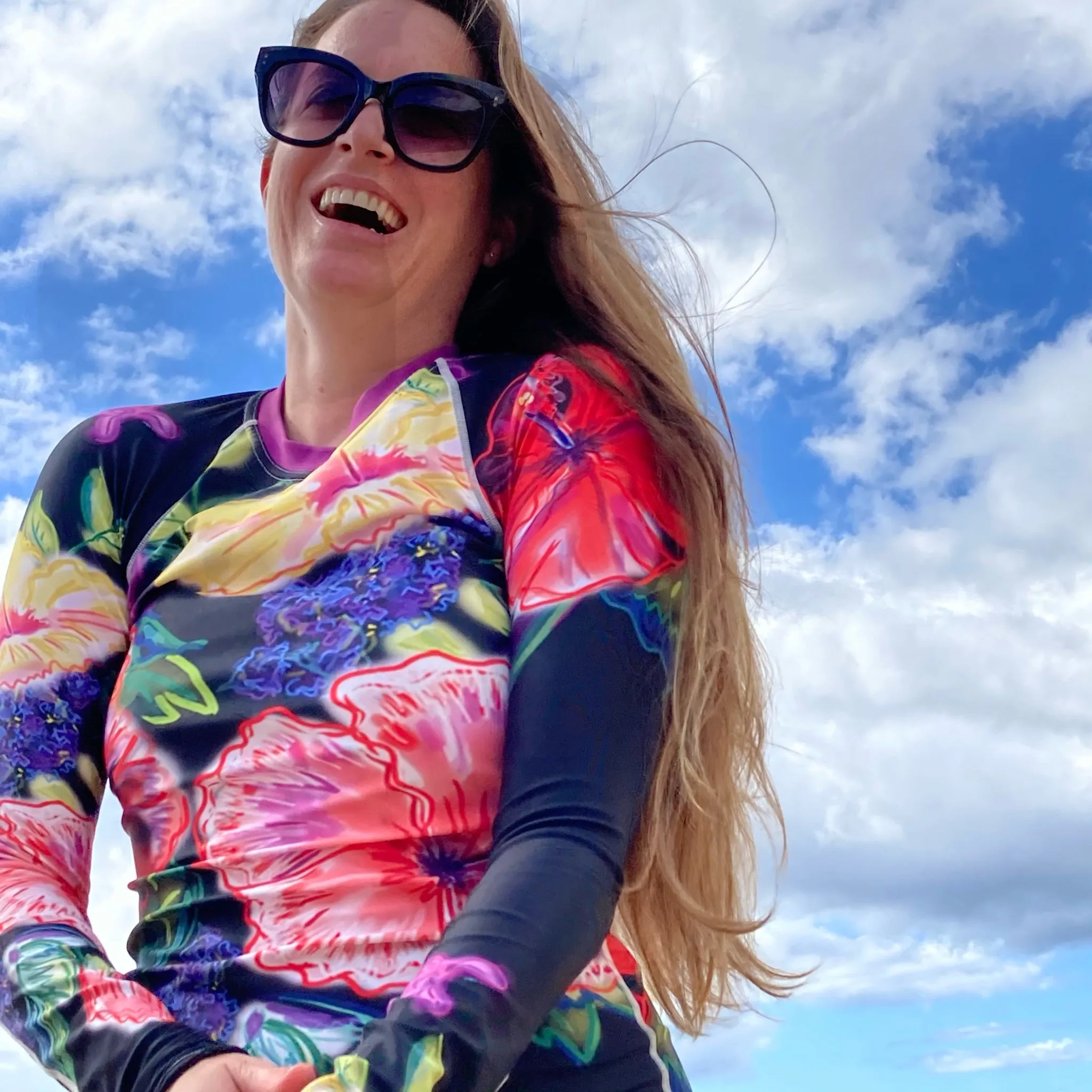Women's Rash Guard: Tropical Flowers, Orchids & Hibiscus in Black