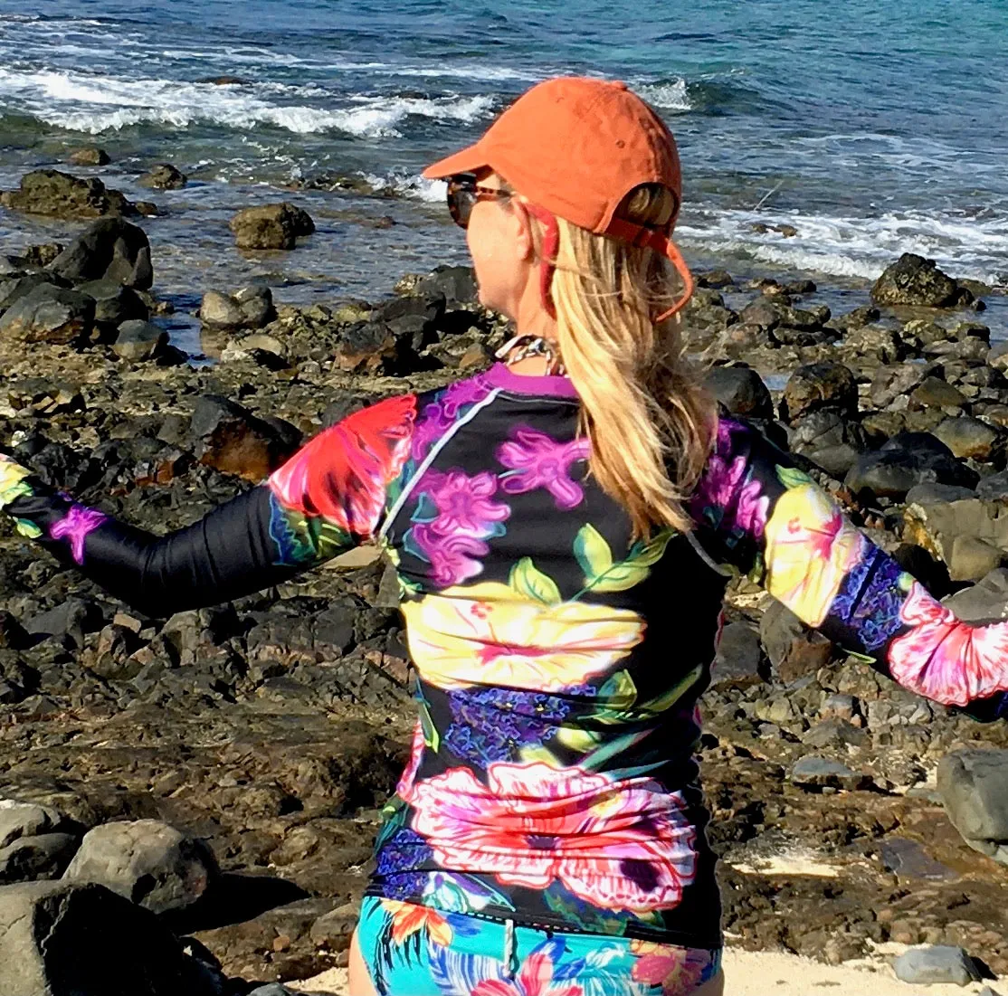 Women's Rash Guard: Tropical Flowers, Orchids & Hibiscus in Black