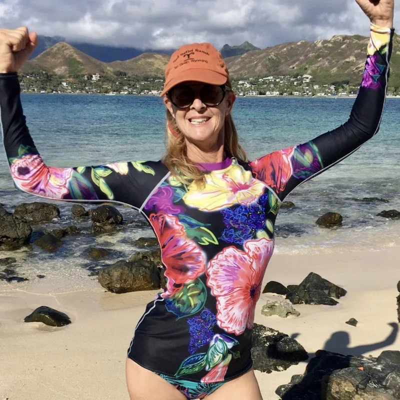Women's Rash Guard: Tropical Flowers, Orchids & Hibiscus in Black