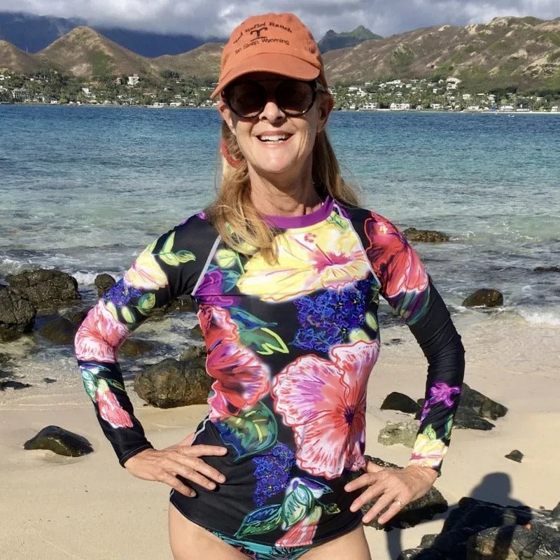 Women's Rash Guard: Tropical Flowers, Orchids & Hibiscus in Black